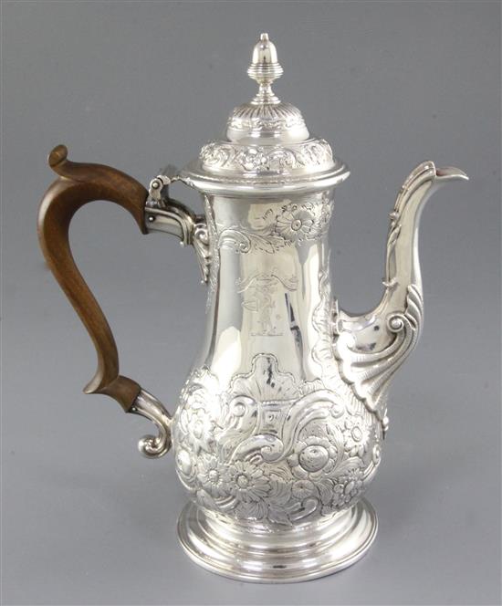 A late George II silver coffee pot, by Robin Albin Cox, Height 260mm, gross weight 23.3oz/726grms